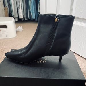 Jcrew black leather ankle boot with small 2”stiletto heel.